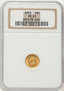 1853 G$1 Gold Dollar NGC MS63