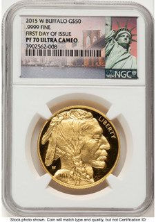 2015-W Proof Gold Buffalo 1 oz FDI Statue of Liberty Label NGC PF70