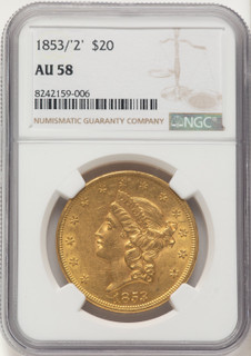 1853/2 $20 Liberty Double Eagle NGC AU58