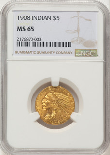 1908 $5 Indian Half Eagle NGC MS65