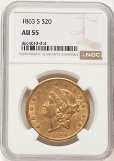 1863-S $20 Liberty Double Eagle NGC AU55