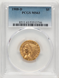 1908-D $5 Indian Half Eagle PCGS MS63