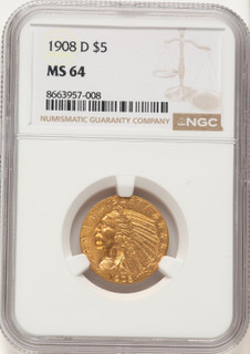 1908-D $5 Indian Half Eagle NGC MS64