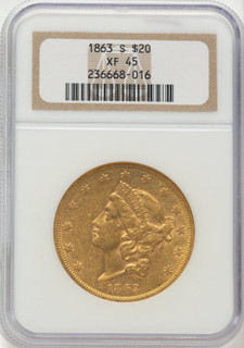 1863-S $20 Liberty Double Eagle NGC XF45