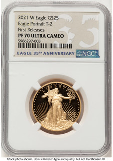 2021-W Type 2 Proof Gold Eagle 1/2 oz FR Eagle 35th Anniversary Label NGC PF70