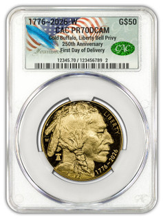 2026-W 1 oz Proof Gold Buffalo FDD Founders 250 Liberty Bell CAC PR70 (1776-2026)