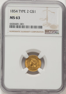 1854 G$1 Type Two Gold Dollar NGC MS63