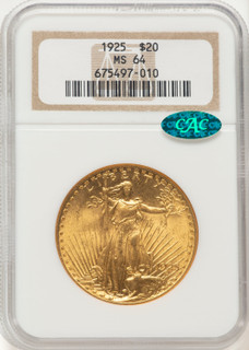 1925 $20 CAC Brown Label Saint-Gaudens Double Eagle NGC MS64