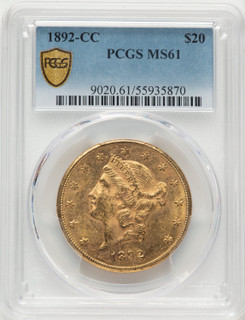 1892-CC $20 Liberty Double Eagle PCGS MS61