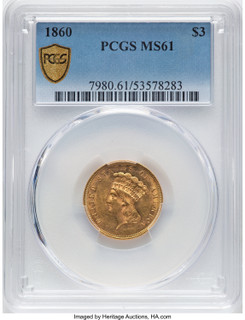 1860 $3 CAC Three Dollar Gold Pieces PCGS MS61
