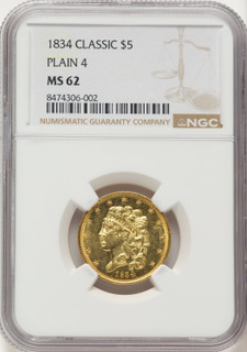 1834 $5 PLAIN 4 Classic Half Eagle NGC MS62