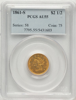 1861-S $2.50 Liberty Quarter Eagle PCGS AU55