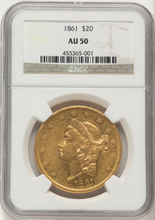 1861 $20 Brown Label Liberty Double Eagle NGC AU50