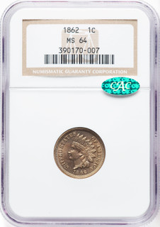 1862 1C CAC Indian Cent NGC MS64