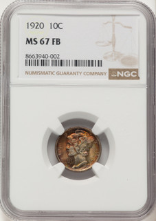 1920 10C FB Mercury Dime NGC MS67