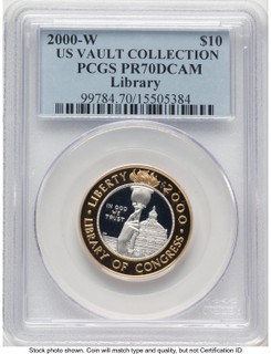2000-W $10 Library of Congress Bi-Metallic Gold 0.2509 oz and Platinum 0.2509 oz US Vault Collection Blue Label Modern Issues PCGS MS70