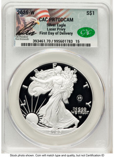 2025-W Proof Silver Eagle Privy Laser Engraved 1 oz First Day of Delivery Ron Drzewuki CACG PR70