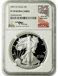 2002-W American Silver Eagle NGC PF70 Ultra Cameo John Mercanti Signed