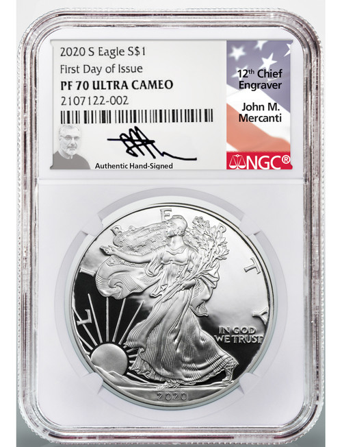 2020-S Proof American Silver Eagle NGC PF70 Ultra Cameo Mercanti Signed First Day of Issue