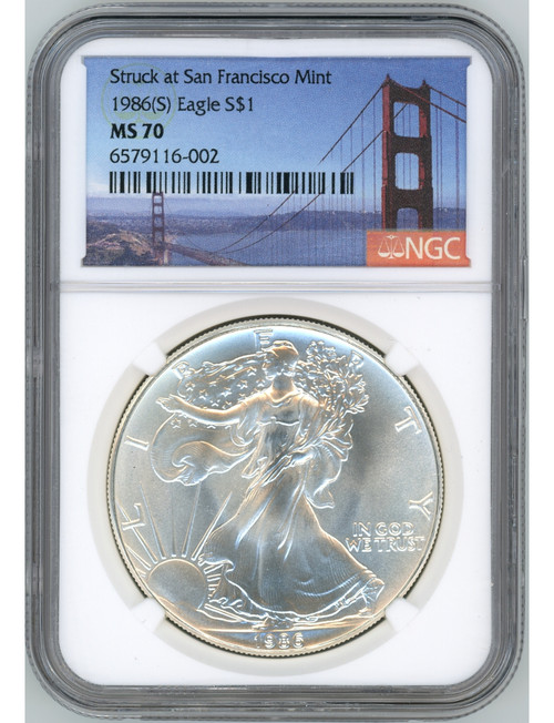 1986-S Silver American Eagle NGC MS70 Bridge Label - Low Mintage