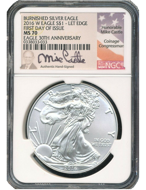 2016-W Silver Eagle Burnished 30th Anniversary NGC MS70 Castle Signed