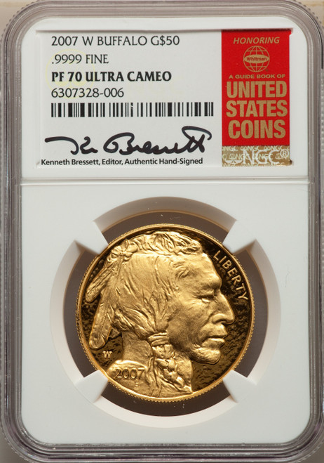2007-W G$50 One-Ounce Gold Buffalo .9999 Fine Gold Modern Bullion Coins NGC MS70