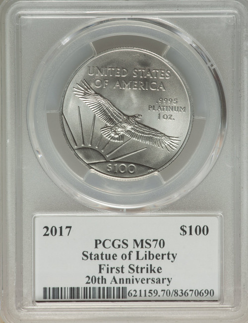 2017 $100 One-Ounce Platinum Eagle 20th Aniversary First Strike Mercanti PCGS MS70