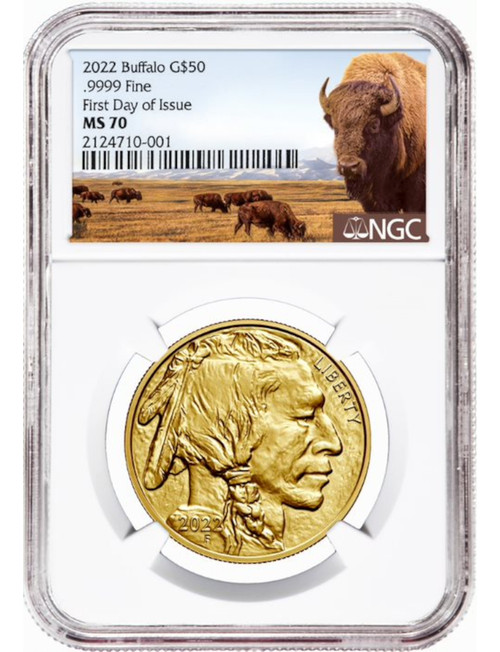 2022 $50 One Ounce Gold Buffalo First Day of Issue NGC MS70