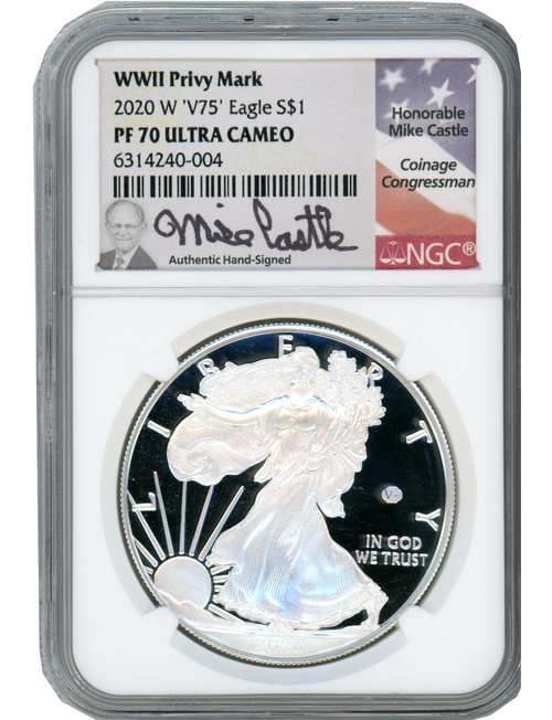 2020-W Silver Eagle v75 WWII NGC PF70UCAM Castle Signed