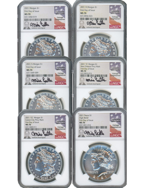 2021 Morgan Peace Dollar First Day of Issue NGC MS70 6-pc Complete Set 100th Anniversary Castle Signed
