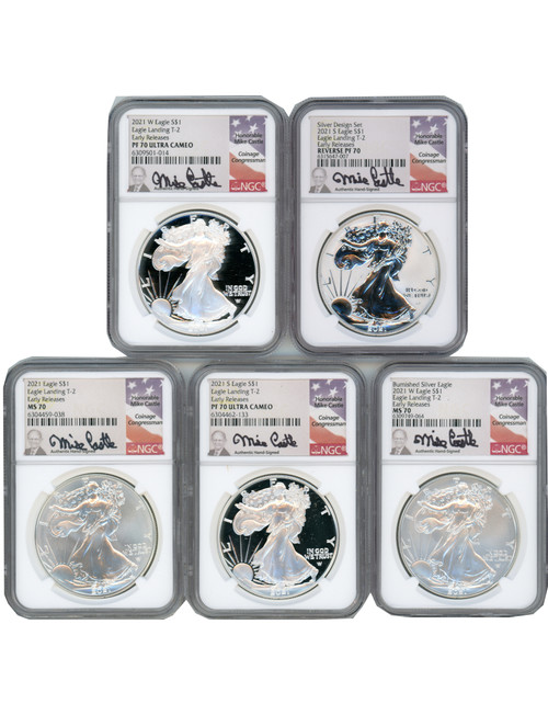 2021 Silver Eagle T-2 Eagle Landing NGC 5-Coin PF70/MS70 Set Mike Castle Signed