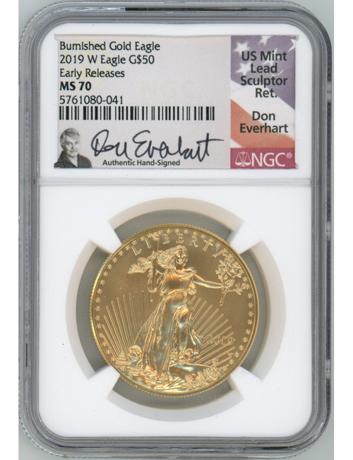 2019 $50 One Ounce Burnished Gold Eagle NGC MS70 Don Everhart Signed