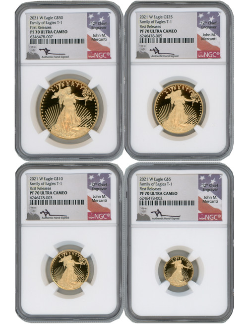 2021-W Type One 4 Coin American Gold Eagle Set NGC PF70UCAM Mercanti Signed