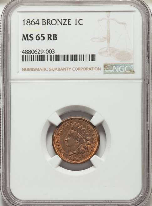 1864 Bronze No L RB Indian Cent NGC MS65