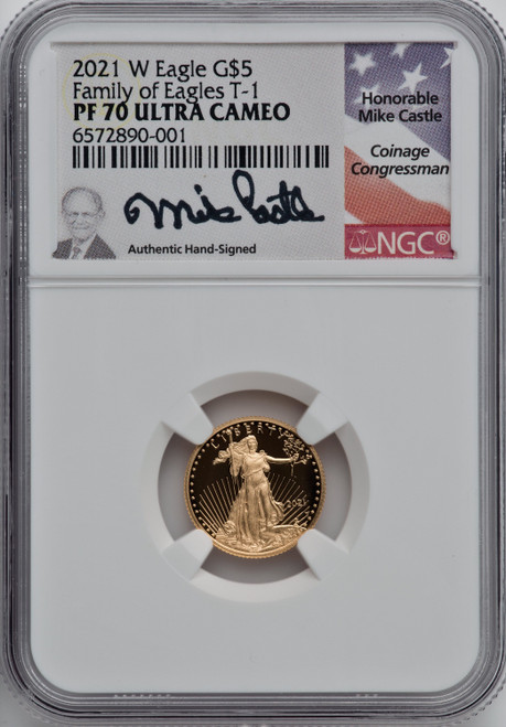 2021-W $5 Gold Eagle T1 NGC PF70 Mike Castle Signed