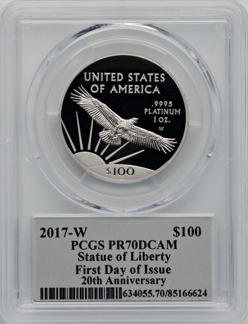 2017-W $100 One-Ounce Platinum Eagle Statue of Liberty 20th Anniversary First Strike Mercanti PCGS MS70