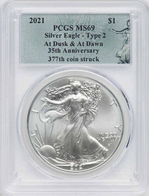 2021 American Silver Eagle Type 2 At Dusk & Dawn 35th Anniversary 377th PCGS MS69