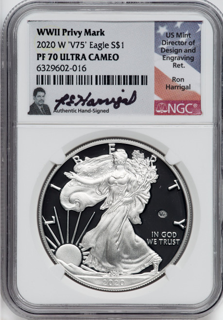 2020-W Silver Eagle v75 WWII NGC PF70UCAM Ron Harrigal Signed