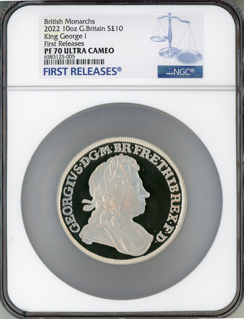 Elizabeth II silver Proof  King George I  10 Pounds (10 oz) 2022 PR70 Ultra Cameo NGC World Coins NGC MS70