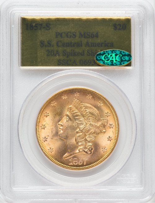 1857-S $20 Spike Shld CAC Liberty Double Eagle PCGS MS64