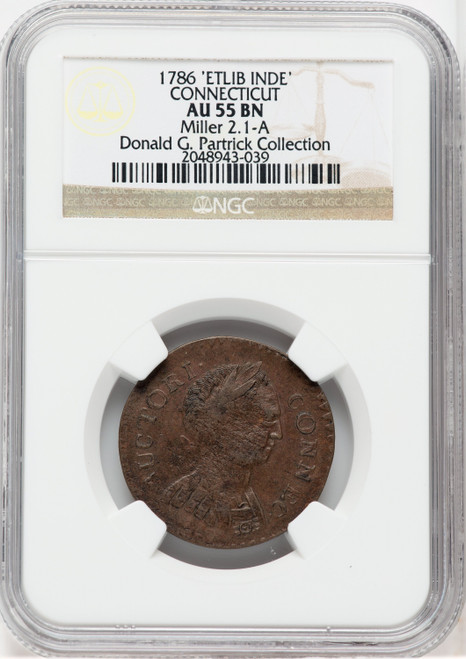 1786 Connecticut Copper Small Head Right ETLIB INDE BN Colonials NGC AU55