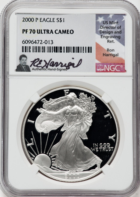 2000-P American Silver Eagle NGC PF70 Ultra Cameo Ron Harrigal Signed