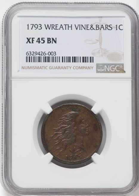 1793 Wreath 1C Vine and Bars Edge BN Large Cent NGC XF45