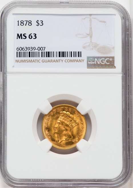 1878 $3 Three Dollar Gold Pieces NGC MS63