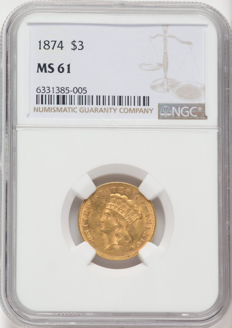 1874 $3 Three Dollar Gold Pieces NGC MS61