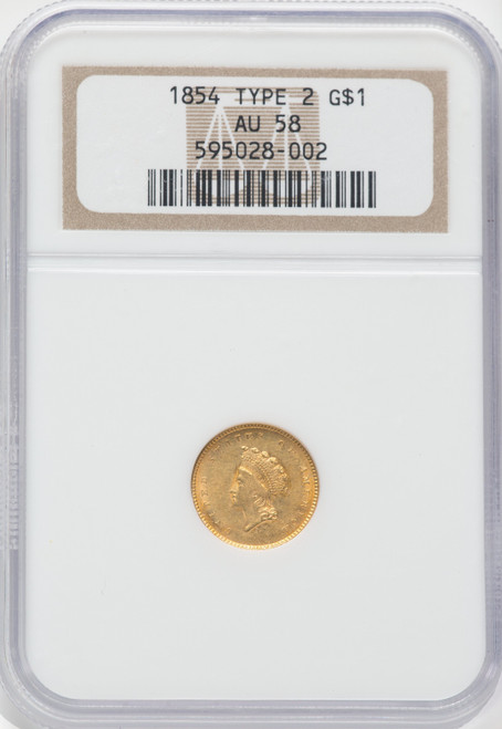 1854 G$1 Type Two Gold Dollar NGC AU58