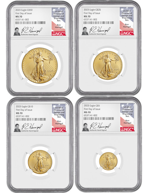 2023 Gold Eagle 4-Coin Set First Day of Issue NGC MS70 Ron Harrigal Signed