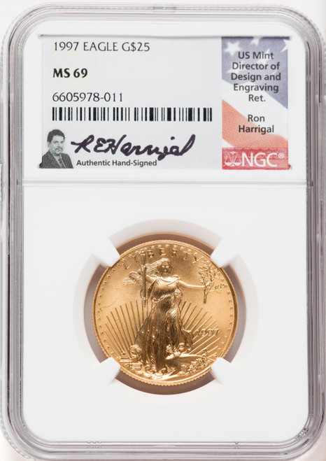 1997 $25 American Gold Eagle NGC MS69 Ron Harrigal Signed
