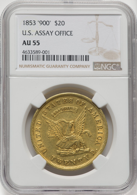 1853 $20 Assay Office 900 Thous. Territorial Gold NGC AU55