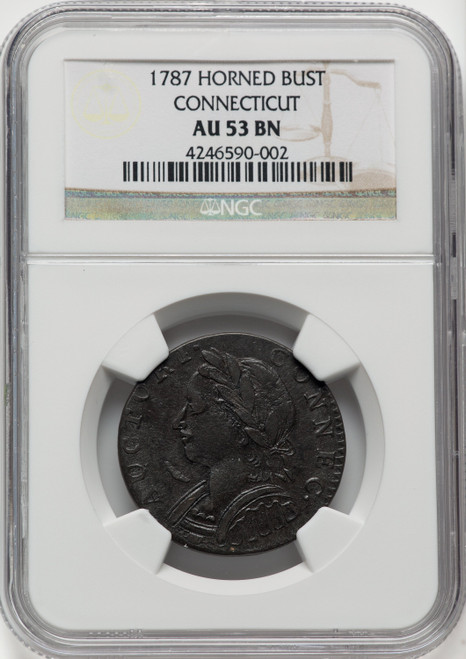1787 Connecticut Copper Mailed Bust Left Horned Bust BN Colonials NGC AU53